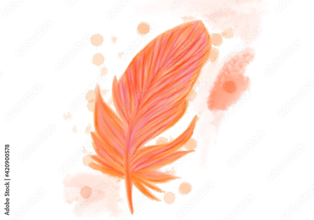 An orange colored isolated feather on a white background. Watercolor with stains.