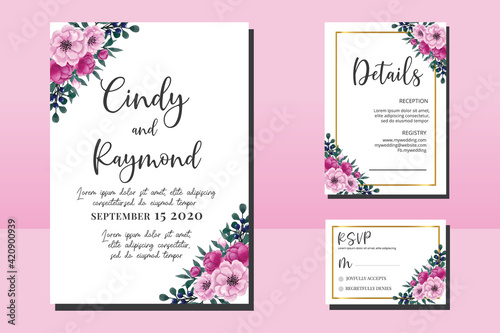 Wedding invitation frame set  floral watercolor hand drawn Peony Flower design Invitation Card Template 