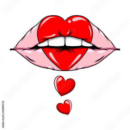 The hand drawn of the plumply lips with the coloured love sign