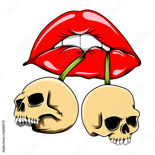 The glossy lips biting the dead human skull for the tattoo