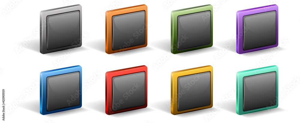 Set of square button with metal frame isolated on white background Set of square button with metal frame isolated on white background