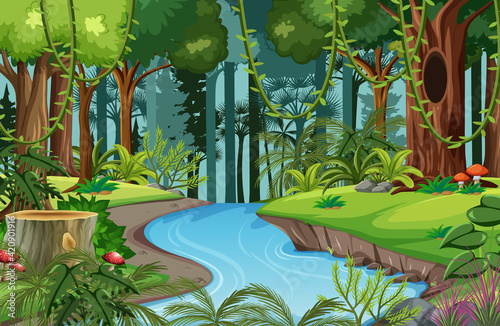 Forest scene with river and many trees