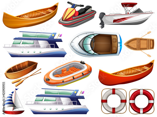 Set of different kind of boats and ship isolated on white background