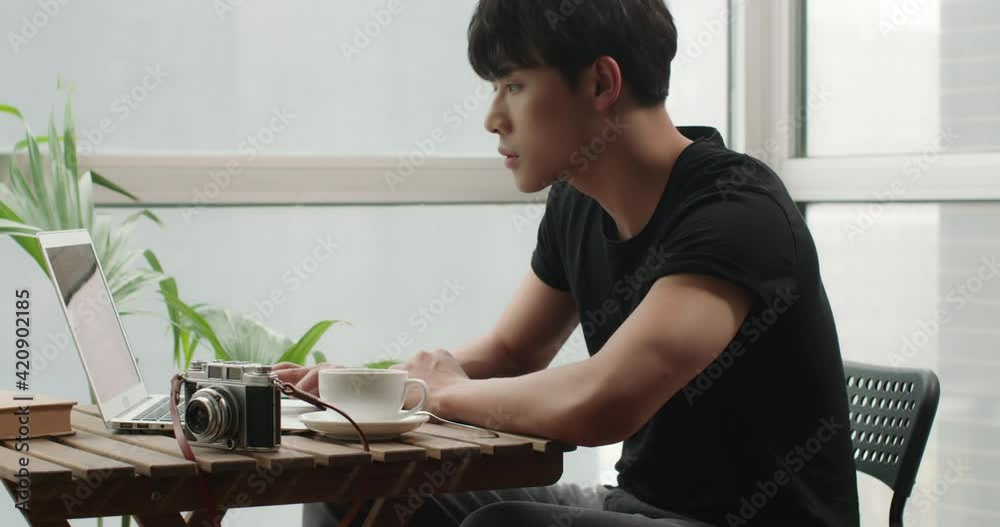 Young Chinese photographer using laptop at home,4K