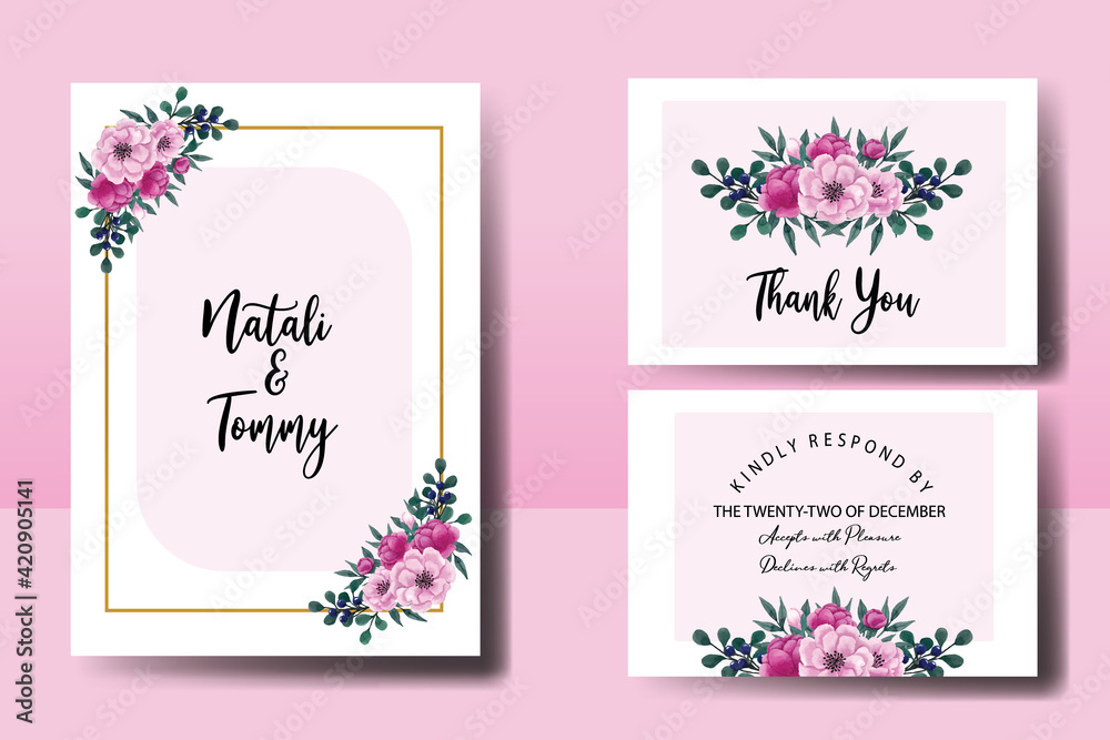 Obraz premium Wedding invitation frame set, floral watercolor hand drawn Peony Flower design Invitation Card Template 