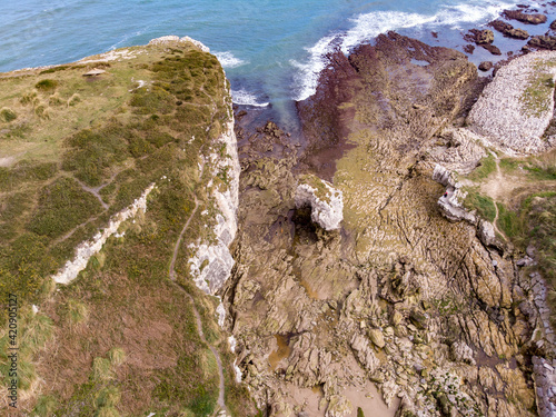 Aerial view of a rocky beach on the coast with nature around it and a giant rock with waves lapping on the rocks