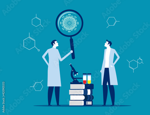Scientists study molecule virus. Medical laboratory invented cure new virus. Bacterium or virus research