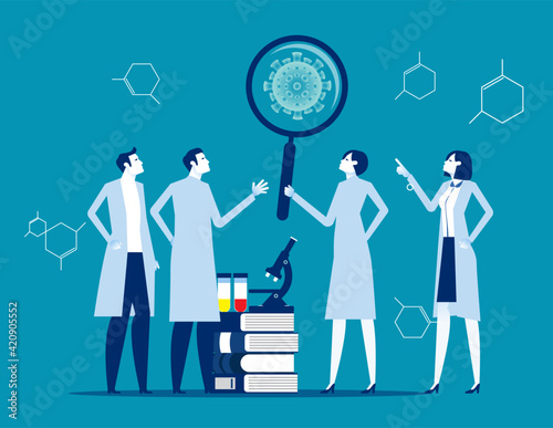 Scientists study molecule virus. Medical laboratory invented cure new virus. Bacterium or virus research