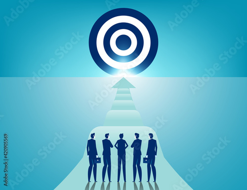 Team standing on start line and see target of start up. A path full of obstacles