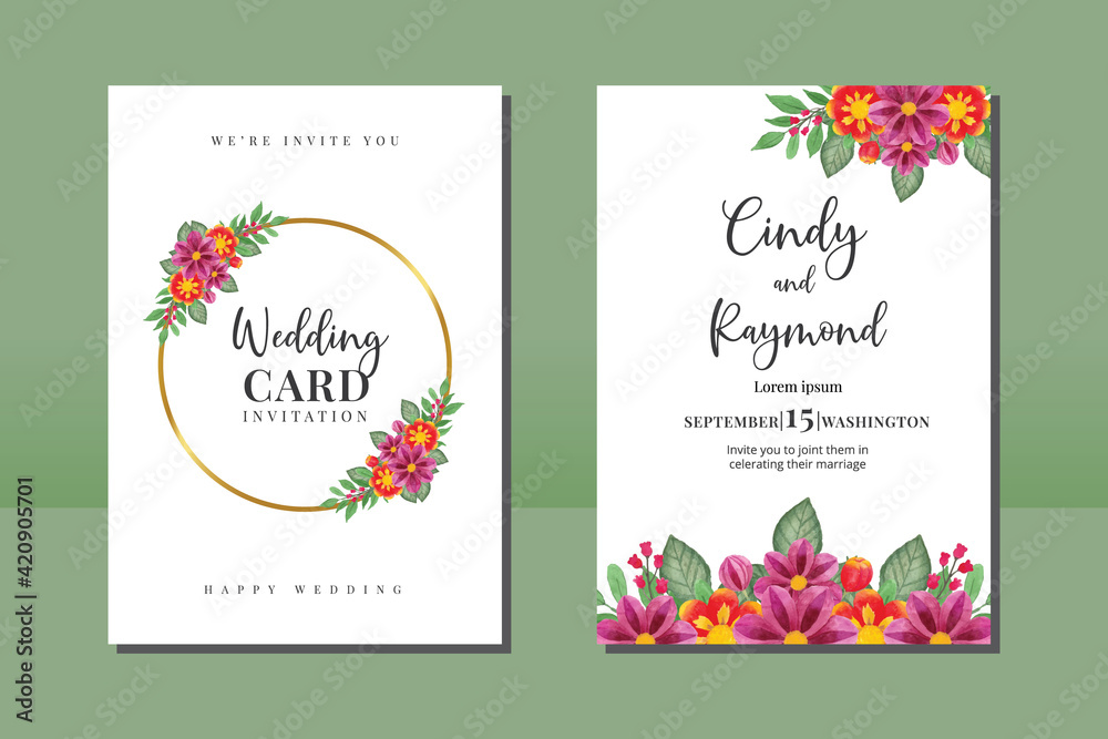 Wedding invitation frame set, floral watercolor hand drawn Dahlia Flower design Invitation Card Template
