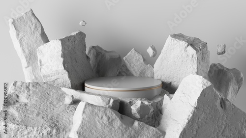 Photo 3d render, abstract background with white cobblestone ruins and broken rocks