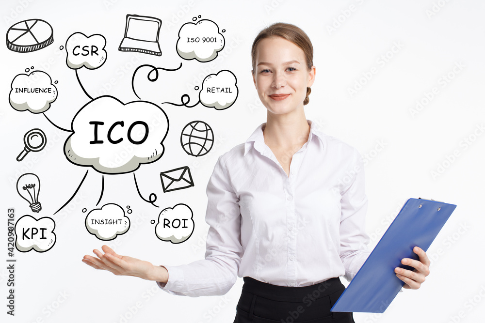 Business, technology, internet and network concept. Young businessman thinks over the steps for successful growth: ICO