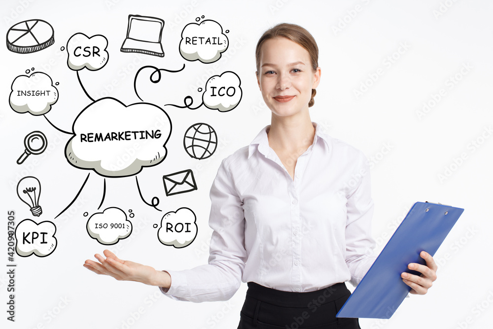 Business, technology, internet and network concept. Young businessman thinks over the steps for successful growth: Remarketing Business, technology, internet and network concept. Young businessman thinks over the steps for successful growth: Remarketing