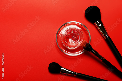 strawberry purifying radiant face mask with cosmetic brushes. party makeup glitter liquid gel mask