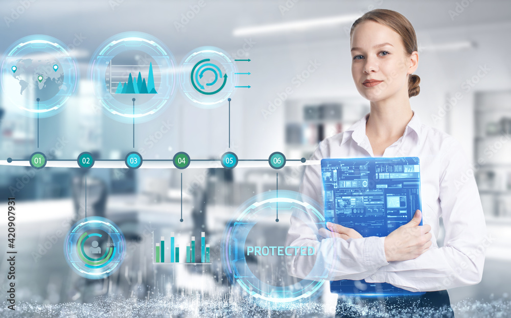 Business, technology, internet and network concept. Young businessman thinks over the steps for successful growth: Protected