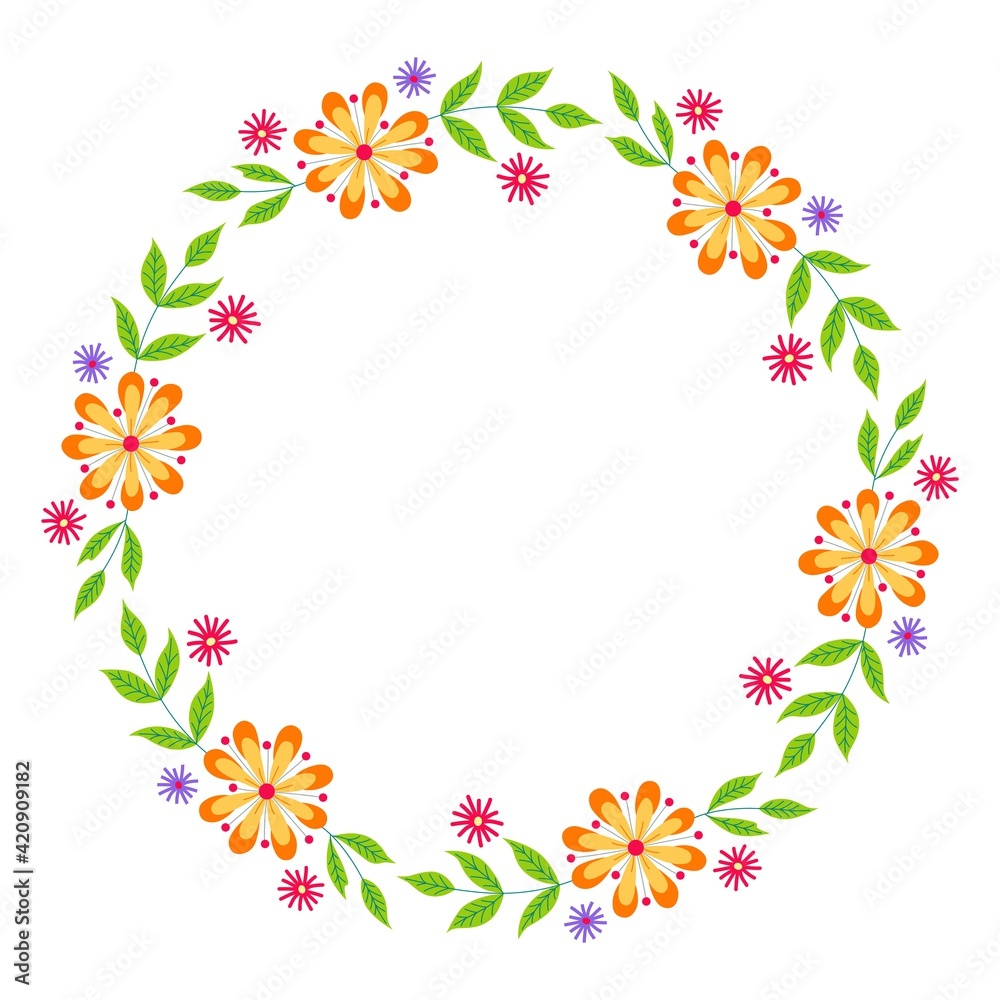 Round flower wreath with cute flowers and leaves. Vector illustration for greeting cards, posters, invitations, art prints, baby shower, wedding. Round flower wreath with cute flowers and leaves. Vector illustration for greeting cards, posters, invitations, art prints, baby shower, wedding.