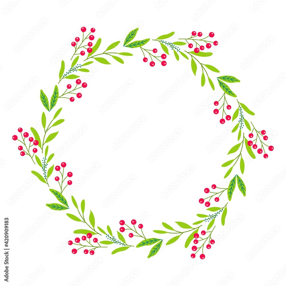 Round flower wreath with cute flowers and leaves. Vector illustration for greeting cards, posters, invitations, art prints, baby shower, wedding.