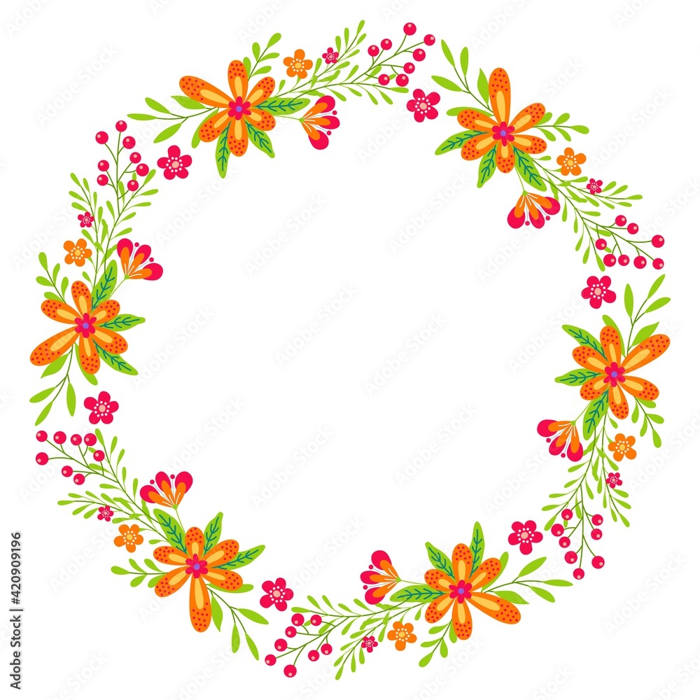 Round flower wreath with cute flowers and leaves. Vector illustration for greeting cards, posters, invitations, art prints, baby shower, wedding.