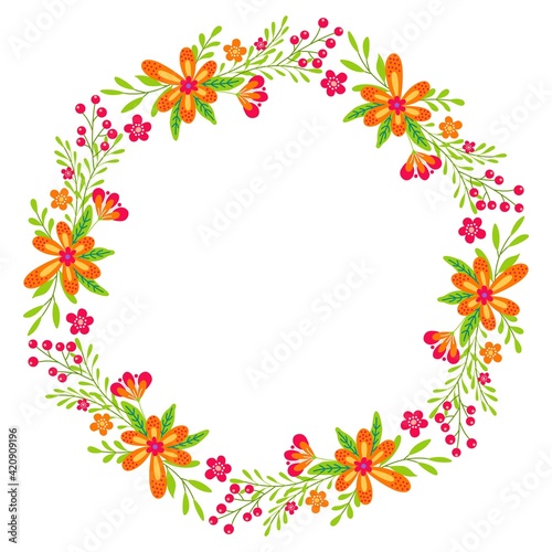 Round flower wreath with cute flowers and leaves. Vector illustration for greeting cards, posters, invitations, art prints, baby shower, wedding.