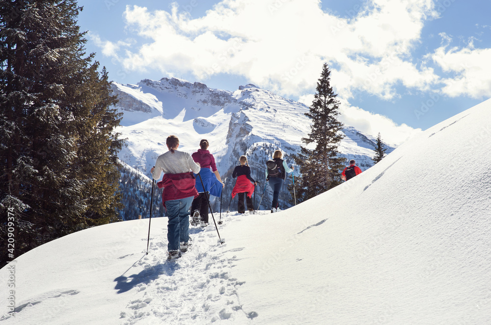 Mature couple and daughters snowshoeing in snow covered mountain landscape, rear view, Styria, Tyrol, Austria Mature couple and daughters snowshoeing in snow covered mountain landscape, rear view, Styria, Tyrol, Austria