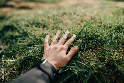 Hand feeling grass photo