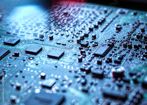 Laptop computer hardware, Inside a laptop computer showing circuits and electronic component, close up photo