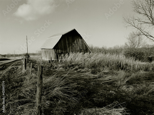 Sweeping Barn. A sepia toned black and white landscape of a barn surrounded by windswept tall grass making interesting shapes. Near Youngstown, Missouri USA, 1979. photo