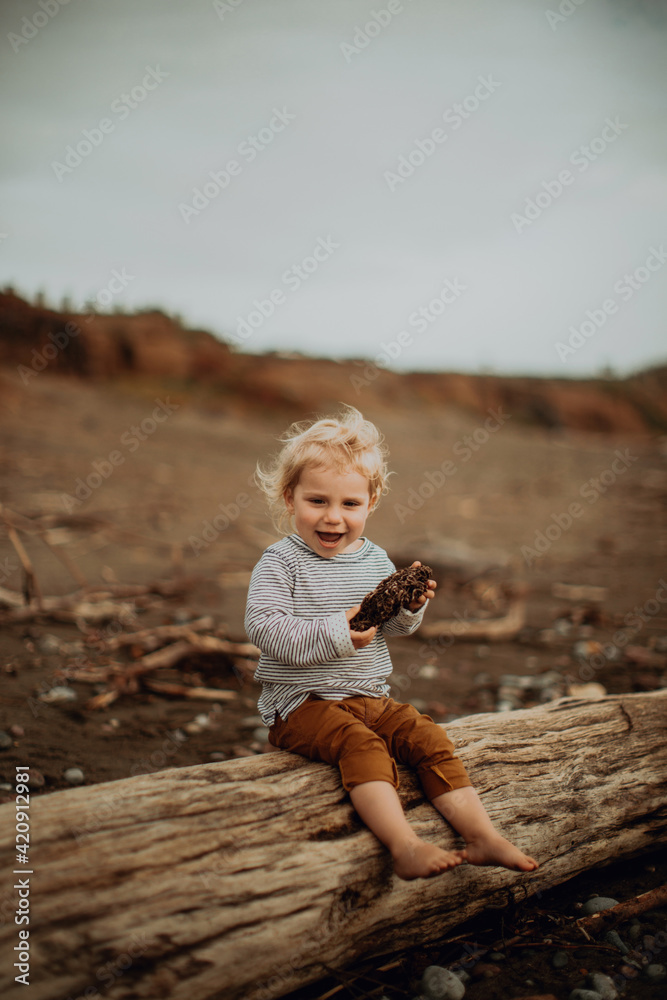 Toddler resting on fallen tree trunk on beach Toddler resting on fallen tree trunk on beach