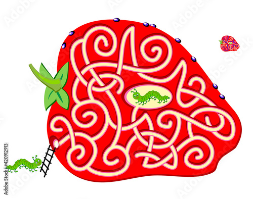 Logic puzzle game with labyrinth for children and adults. Help the little worm find the way in strawberry to his friend. Worksheet for kids brain teaser book. IQ test. Play online.