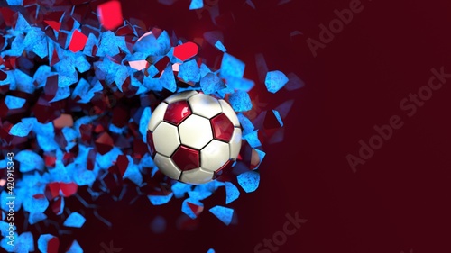 White-Red Soccer ball breaking with great force through blue illuminated wall under spot light background. 3D high quality rendering. 3D illustration. 3D CG.