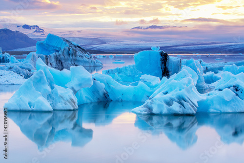 Jokulsarlon Lagoon at midnight sun, Iceland photo