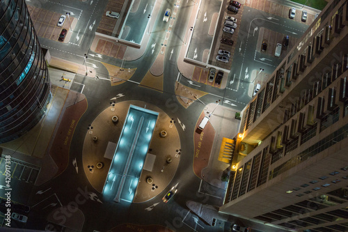 Overhead view, night scene, carpark below office buildings, Dubai, UAE photo