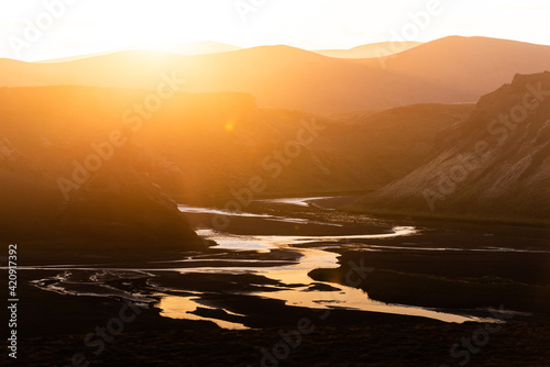 Sunset over mountain ranges, Landmannalaugar, Highlands, Iceland photo