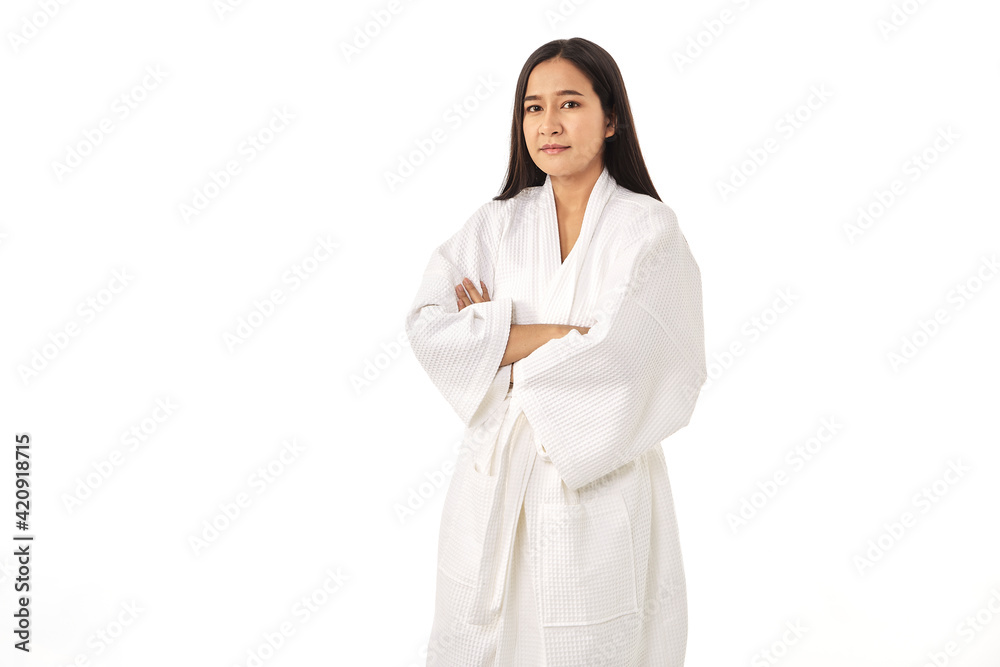 Beautiful girl wearing white bathrobe Beautiful girl wearing white bathrobe