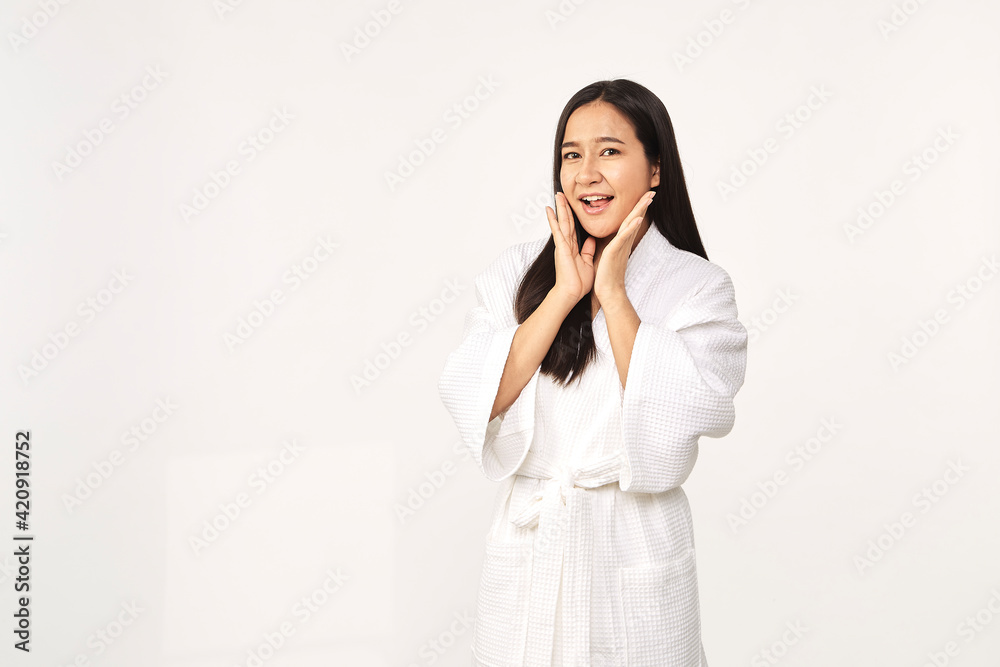 Beautiful girl wearing white bathrobe Beautiful girl wearing white bathrobe