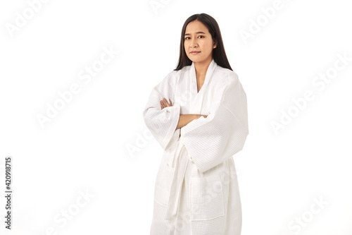 Beautiful girl wearing white bathrobe