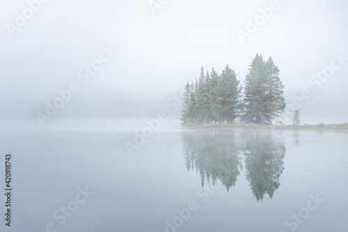 Two Jack Lake in Banff National Park on a very foggy morning as the island of trees reflects down into the mirror-like lake.