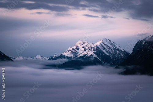 A cloudy inversion fills the valley in Banff National Park as the clouds and mountains reflect the ambient pink morning light.