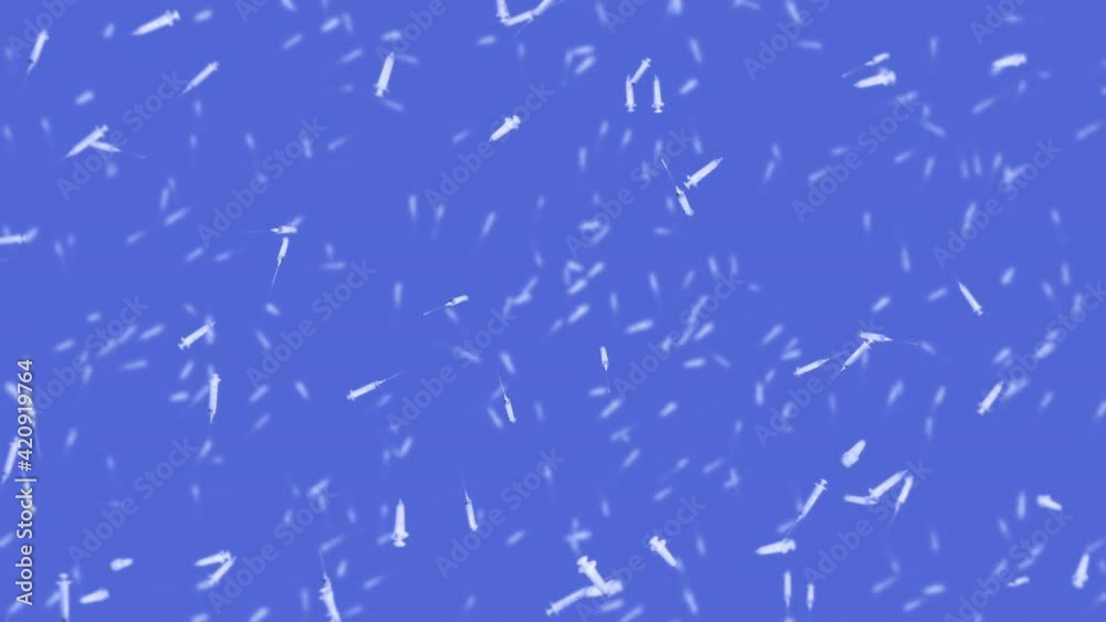 Flying many syringes for injection on blue background. Medical concept. Vaccine against the virus. Healthcare therapy. 3D loop animation.