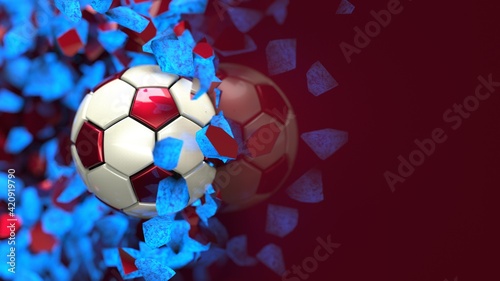 Fototapeta Naklejka Na Ścianę i Meble -  White-Red Soccer ball breaking with great force through blue illuminated wall under spot light background. 3D high quality rendering. 3D illustration. 3D CG.