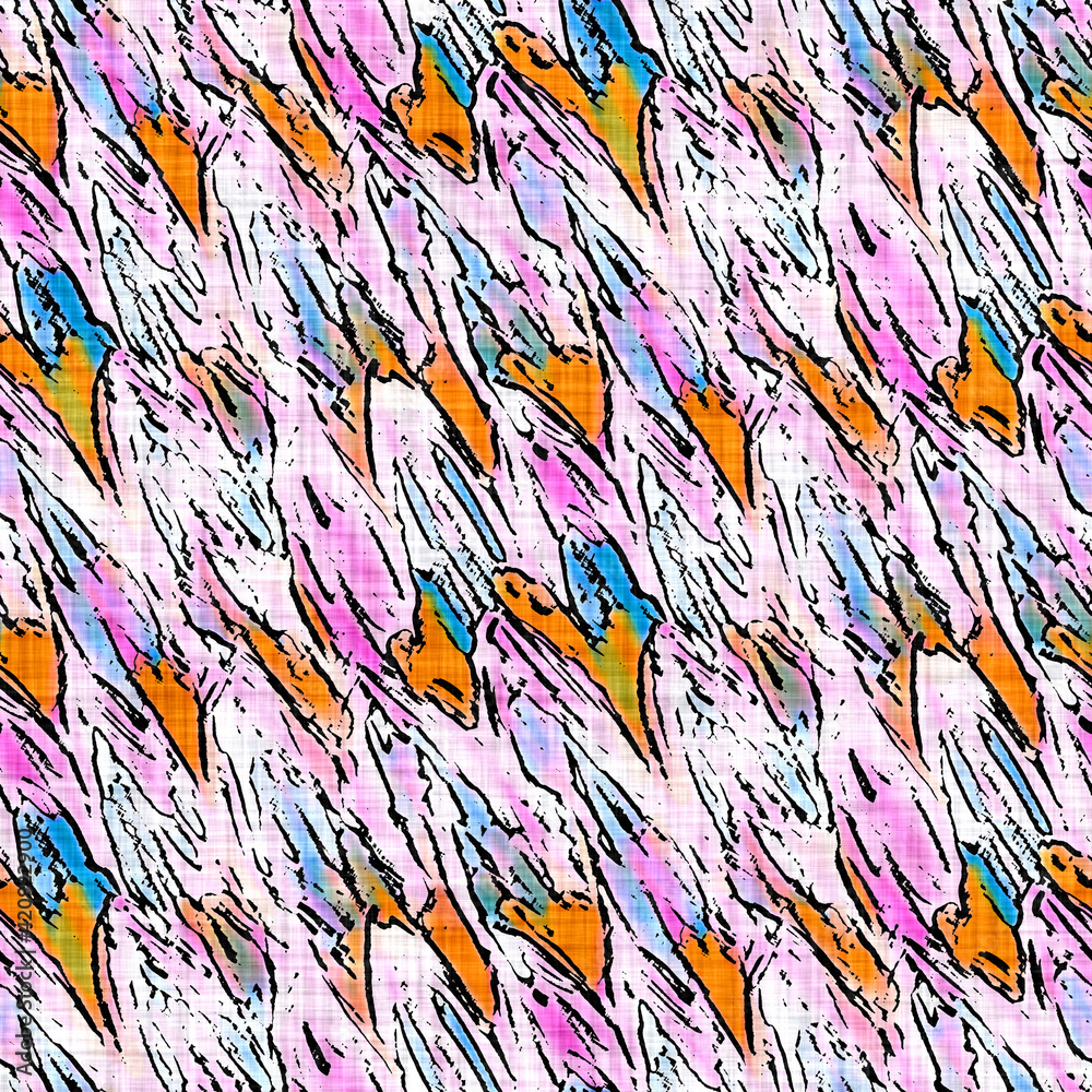 Fototapeta premium Exotic bright tropical paradise seamless pattern. Colorful creative jungle camo dye texture. Summer repeat background. Island beach fashion. Bright coastal boho vacation printed cotton textiles. 