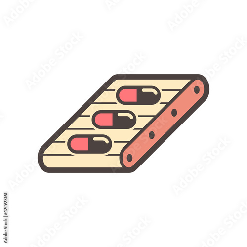 Pharmaceutical industry vector icon. Industrial process of manufacturing in factory or plant consist of production line, machine and capsule of clean product for health i.e. vitamin, pill or drug.