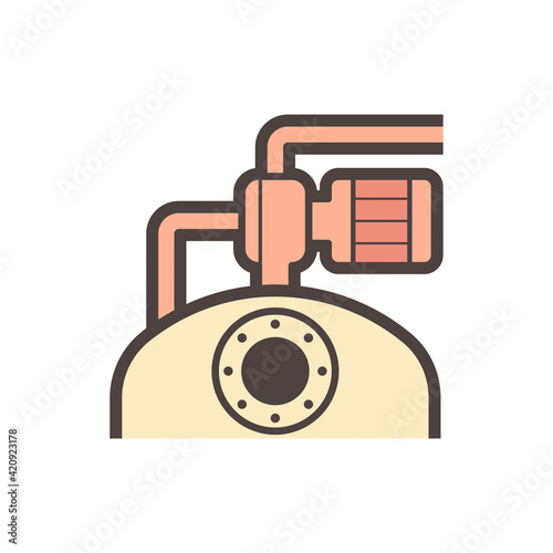Stainless steel liquid storage tank or vessel manufacturer and electric pump vector icon. Use in factory plant for food ,chemical , pharmaceutical, dairy product and beverage production industry.