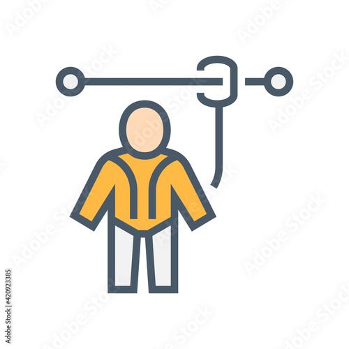 Safety harness vector icon. Uniform or tool with rope is personal protective equipment (PPE) for wear to work at height building to protect or safe or prevent builder person fall, injury. 64x64 pixel.