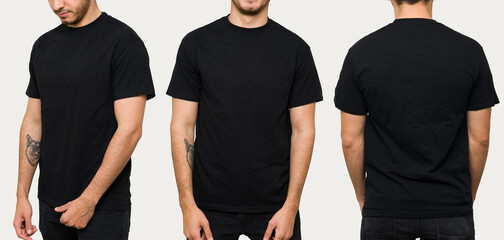 Closeup of a man in a mockup black t-shirt for design print