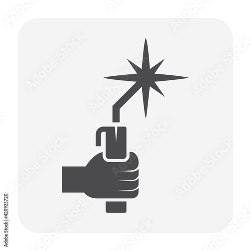 Electrode welding vector icon. Include stick or holder and hand of welder. For welding process to join steel, metal by heat from electricity i.e. metalworking, fabrication and pipeline construction.