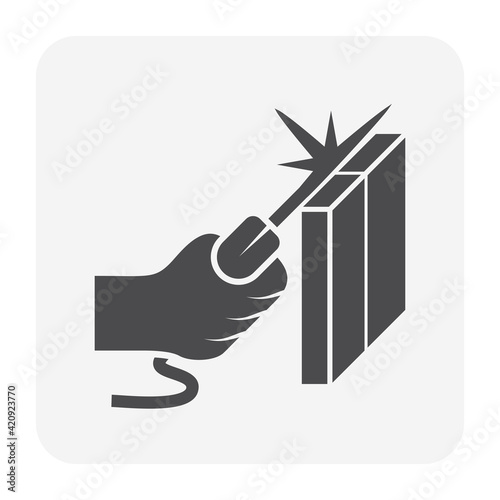 Electrode welding vector icon. Include stick or holder and hand of welder. For welding process to join steel, metal by heat from electricity i.e. metalworking, fabrication and pipeline construction.