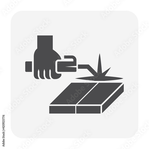 Electrode welding vector icon. Include stick or holder and hand of welder. For welding process to join steel, metal by heat from electricity i.e. metalworking, fabrication and pipeline construction.
