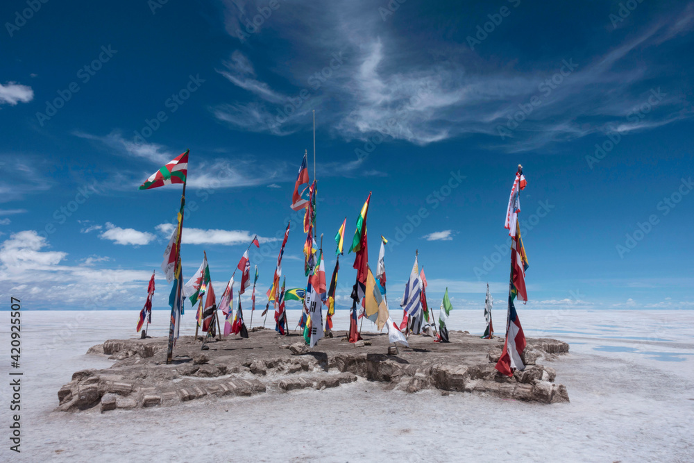 Display of various country flags on Uyuni Salt Flats, Salar de Uyuni, Uyuni, Bolivia.