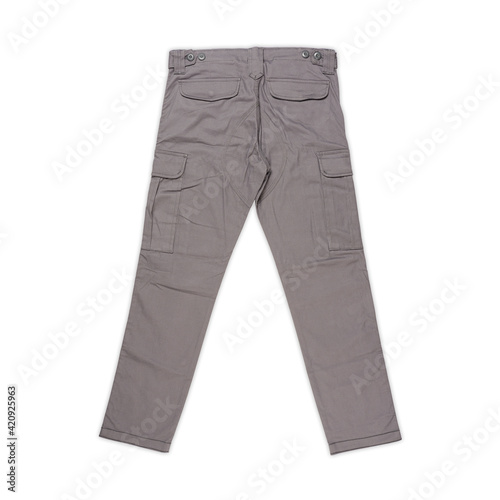 Men's cargo pants isolated on white background. Mockup of plain cargo. Plain pants wallpaper. Pants for daily activities, cargo, summer wear, menswear, modern fashion.